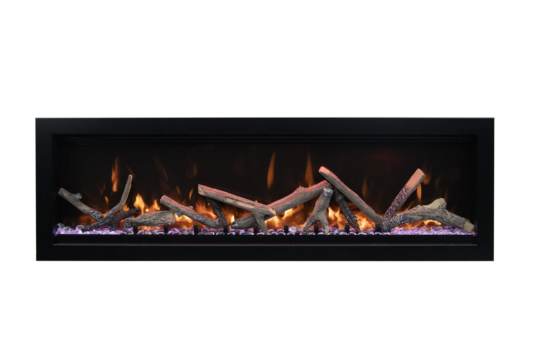 Amantii Symmetry Lumina electric fireplace with an oak-style log set and warm flame display