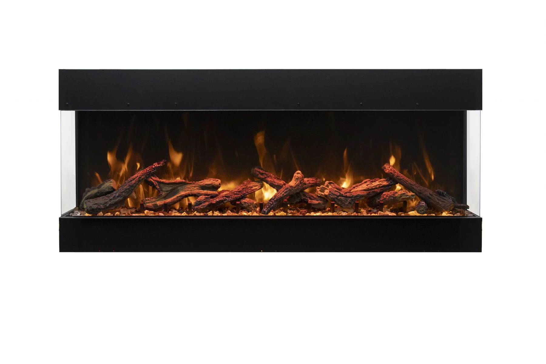 Amantii TruView Bespoke electric fireplace with a rustic log set and amber flame display