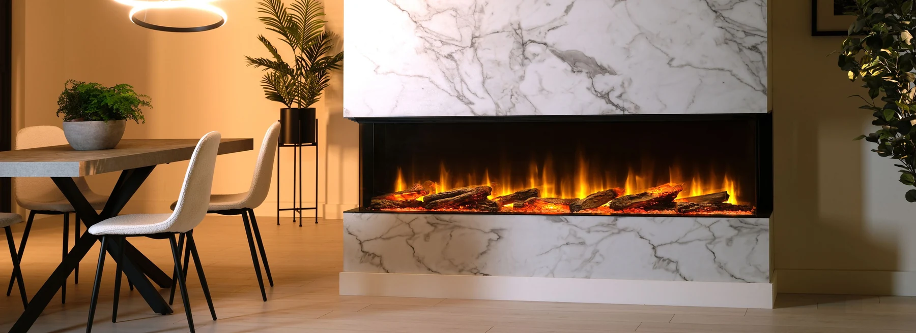 Dimplex Ignite Ultra linear electric fireplace in a contemporary dining and living area
