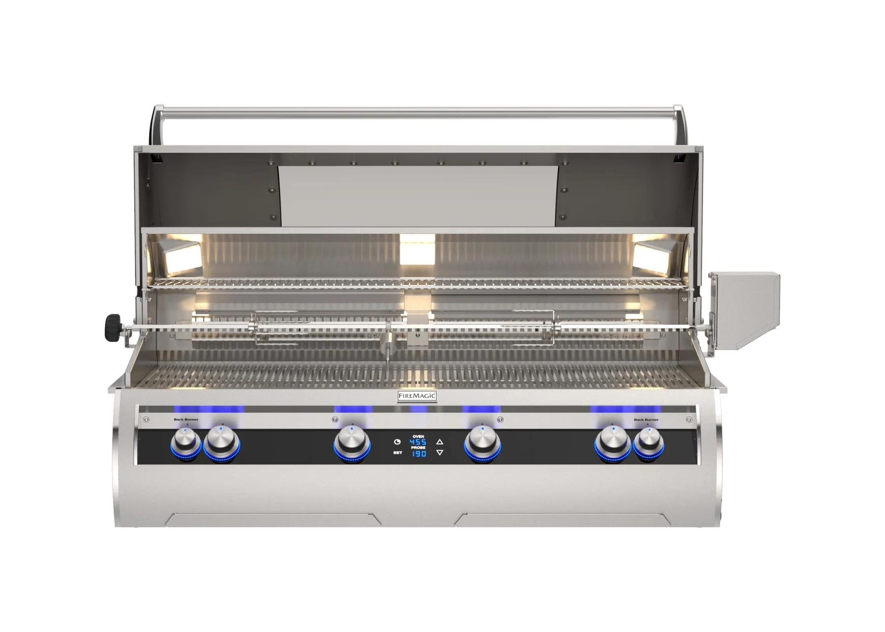 Fire Magic Echelon E1060i built-in grill open with illuminated interior and rotisserie