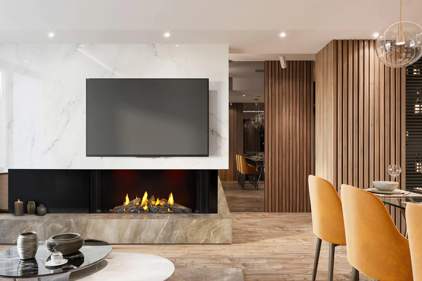 Napoleon Tall Bay Luxuria 50 linear gas fireplace in a contemporary living and dining room