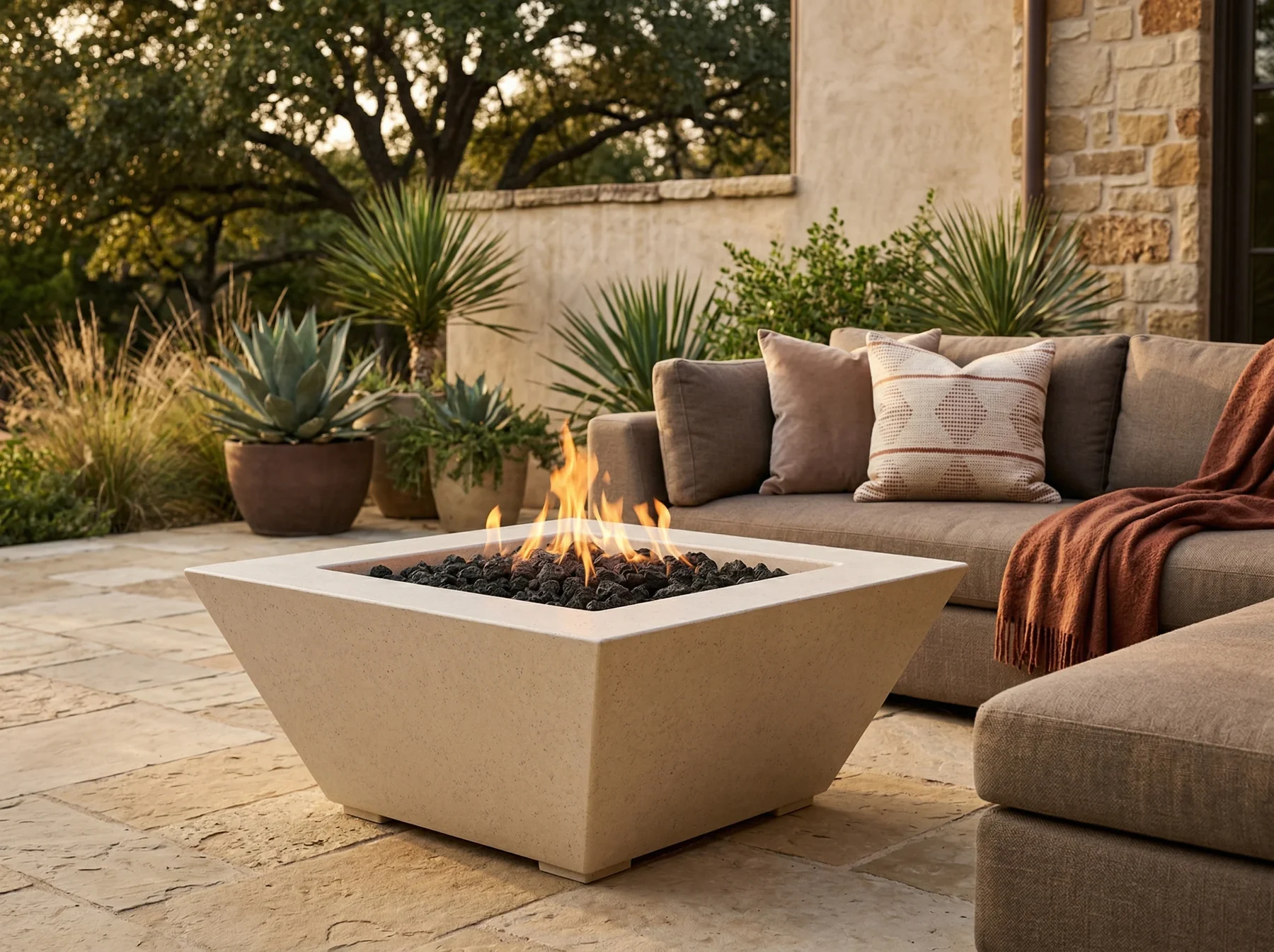 Prism Hardscapes Lombard fire table in an outdoor setting