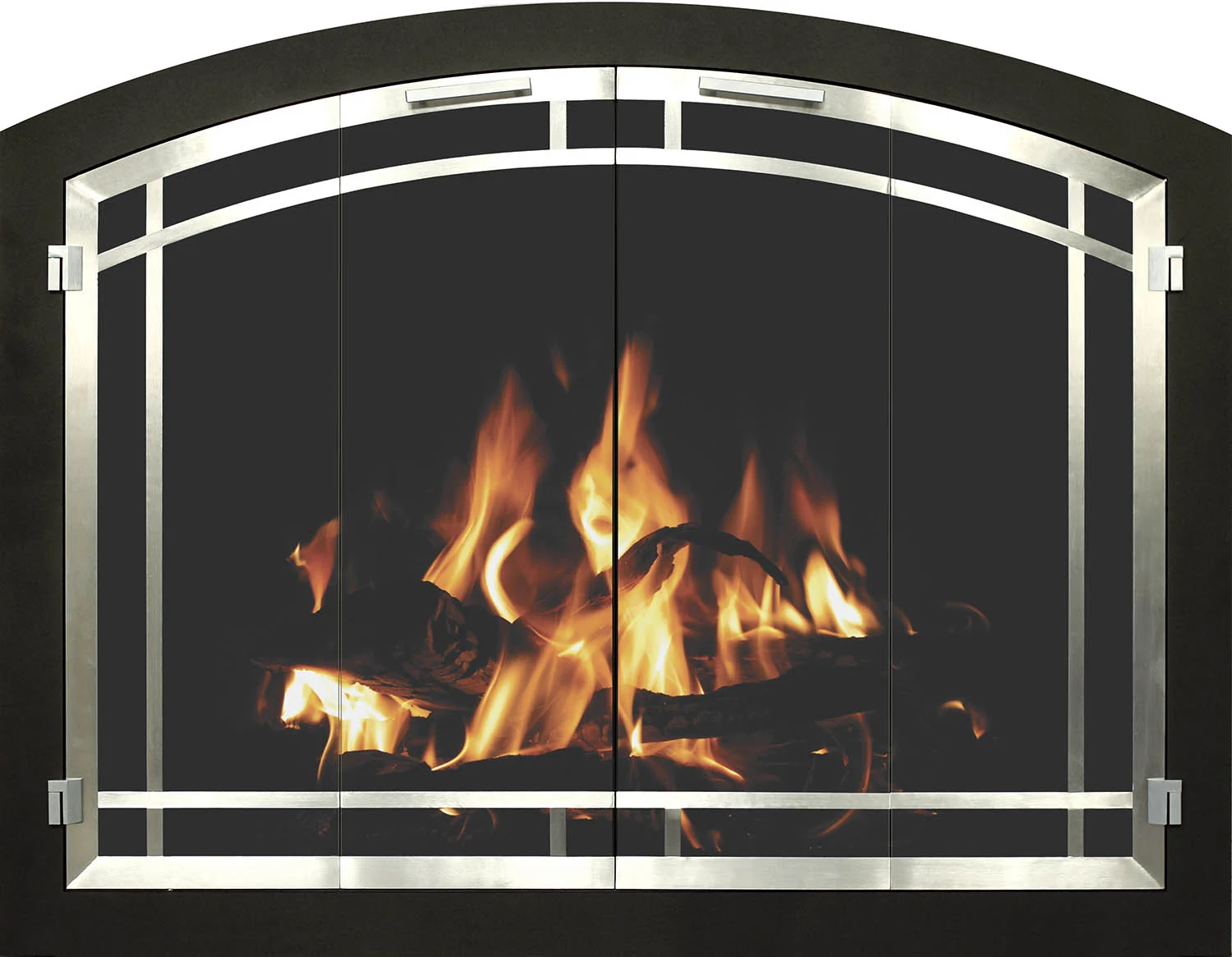 Stoll Inset arched fireplace door in textured black and brushed nickel