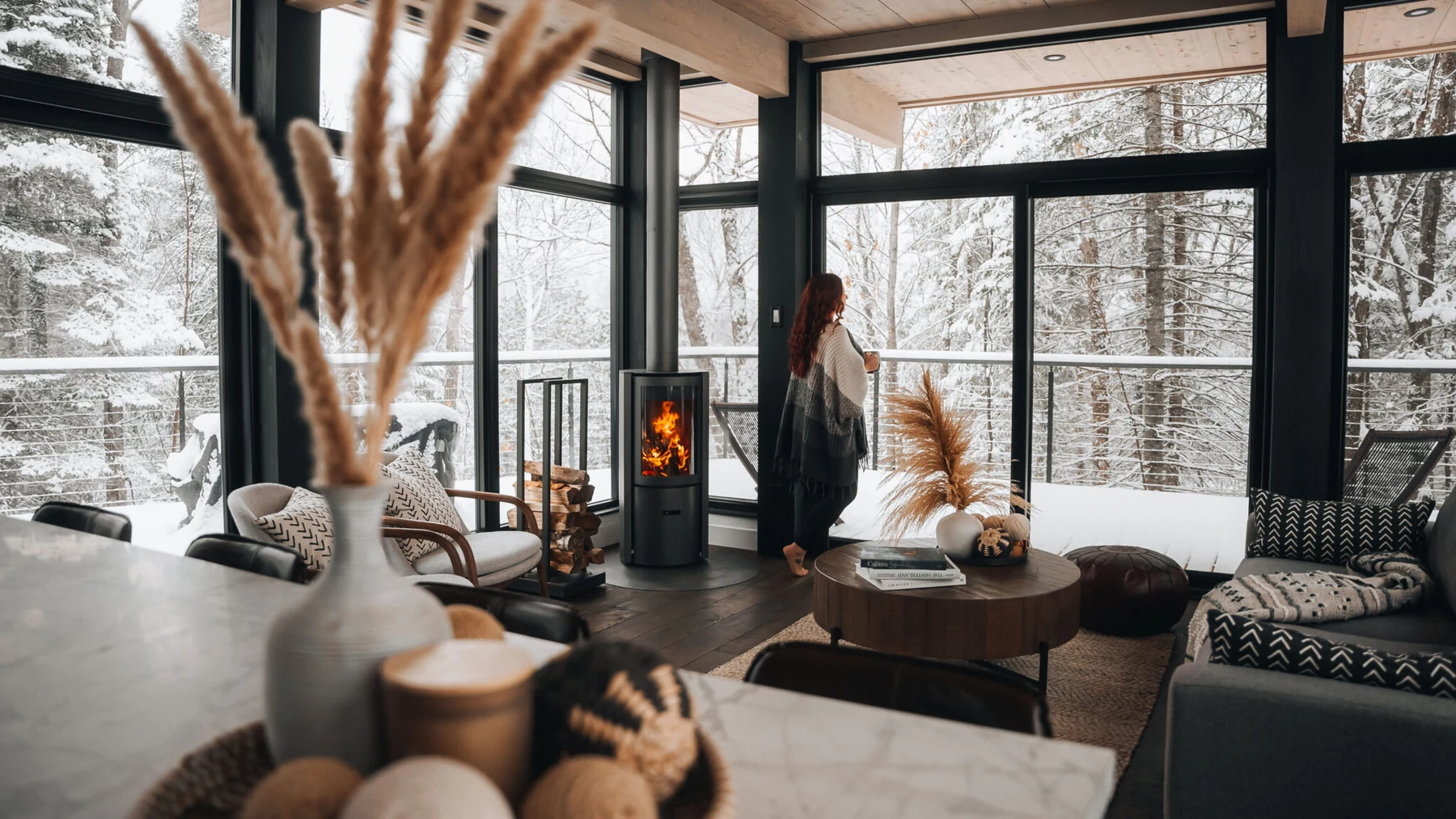 Stûv s[30C] freestanding wood stove burning in a window-lined living room