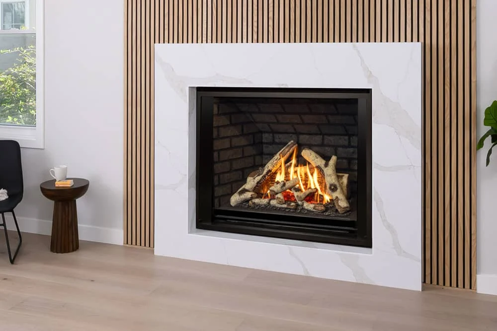 Valor H6 gas fireplace with birch logs and a brick liner in a contemporary room